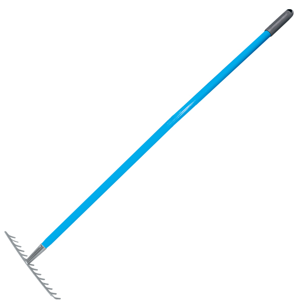 Powder-coated steel garden rake for raking and leveling