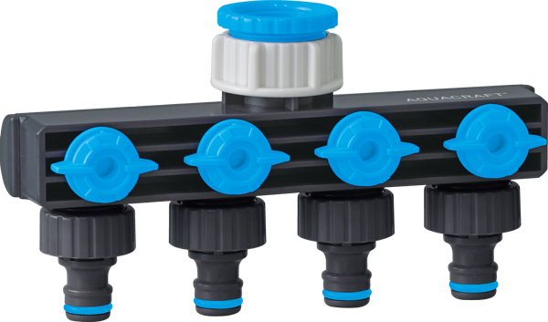 4-way hose splitter with adjustable outlets and soft rubber grip
