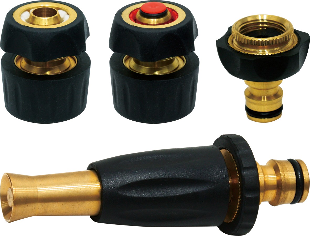 Brass hose nozzle set with adjustable spray and connectors